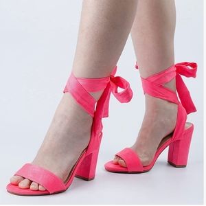 Trary Pink Heels for Women, Lace Up Chunky Heels 